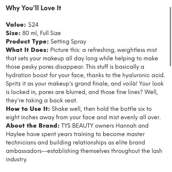 TYS BEAUTY Final Treat + Clear Hyaluronic Acid Setting Spray FULL SZ - Picture 7 of 8